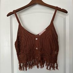 Cotton/Crochet Fringe Crop Tank Size L Purchased From Macys Never Worn Brown Knitted Crochet Top For Summer, Brown Cotton Crochet Top For Vacation, Casual Brown Crochet Top With Crochet Trim, Brown Crochet Top For Vacation, Crochet Brown Top For Vacation, Summer Brown Crochet Lace Top, Brown Knit Crochet Top For Summer, Brown Open Knit Crochet Top For Summer, Brown Open Knit Beach Top