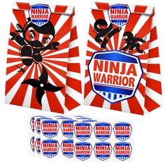 the ninja warrior stickers are on display in front of a red and white bag