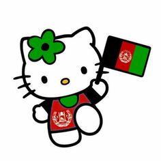 a hello kitty with a flag on it's head and holding a cell phone in her hand