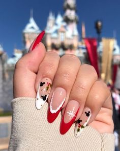 Disneyland Nails, Disney Inspired Nails, Mickey Nails, Red Christmas Nails, Cute Christmas Nails, Christmas Gel Nails, Her Nails