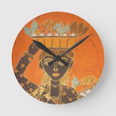 a clock with an image of a woman holding a basket on her head