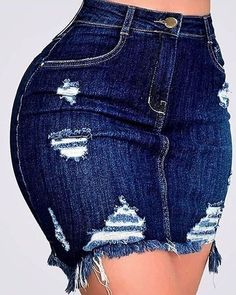 High Stretchy Broken Holes Deep Blue Denim Skirt Denim Bodycon Skirt, Ripped Denim Skirts, Style Bleu, Rok Mini, Moda Denim, Denim Outfits, Blue Denim Skirt, Distressed Denim Skirt, Skirt Denim