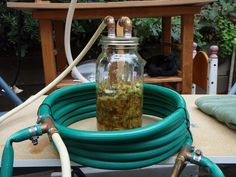 a jar filled with green liquid sitting on top of a table next to a hose