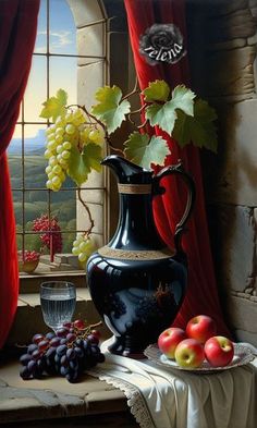 a painting of grapes and apples on a table next to a window with red curtains