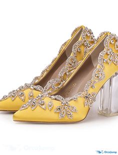 OrcaJump - Womens Sparkling Glitter Rhinestone Crystal Pointed Toe Block Wedding Pumps with Flat Heel - White/Gold Yellow Red Wedding Pumps, Sparkles Glitter, Olive Color, Rubber Heels, Crystal Points, Gold Yellow, Chunky Heels, Wedding Shoes, Crystal Rhinestone