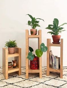 three wooden plant stands with plants in them