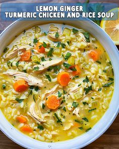 a bowl of lemon ginger turment chicken and rice soup