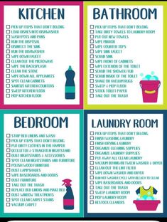 the bathroom cleaning checklist is shown in blue, green and pink colors with an image of