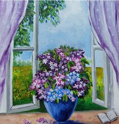 a painting of purple flowers in a blue vase next to an open window with a book on the floor