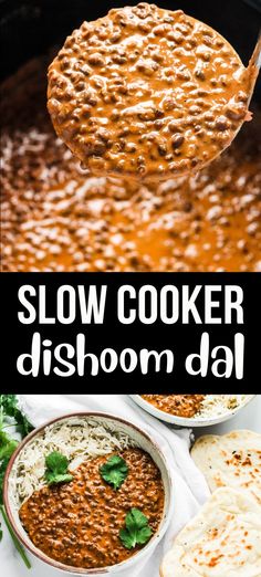 the slow cooker dish is filled with chili and cheese