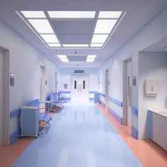 an empty hospital hallway with blue and white walls