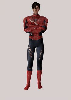 a man in a red and black spider - man suit standing with his arms crossed