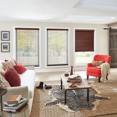 a living room filled with furniture and windows covered in blinds