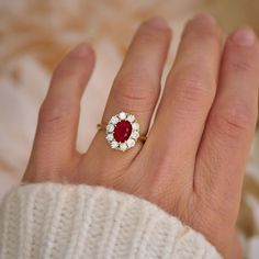 Item Details: One natural oval-shaped ruby weighing approx. ~1.10-1.30 ctw. Ten Old European cut natural diamonds weighing approx. 1.00-1.10 ctw, F/G color VS clarity. Set in 14K yellow gold. B0809 European Cut Diamonds, Diamond Cluster Ring, Diamond Cluster, Cluster Ring, Natural Diamonds, Diamond Cuts, Platinum, Ruby, Diamonds