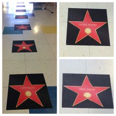 four star on the ground in different stages of being decorated with red and black carpet