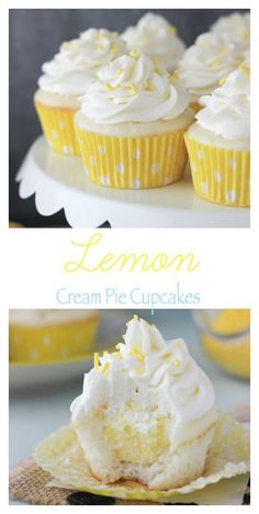 lemon cupcakes with white frosting on top