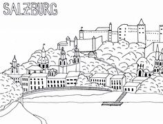 a black and white drawing of a cityscape with the word sauzeburg