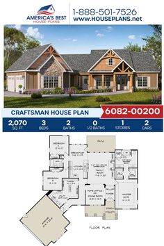 the craftsman style house plan is shown in this ad for american home plans, which includes two