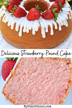 strawberry pound cake with white icing and strawberries on top, next to the finished pound cake