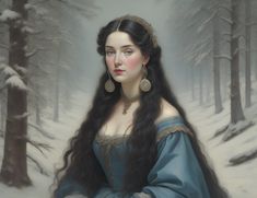 a painting of a woman with long black hair and earrings in a snowy forest area