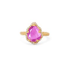 Baby Queen Water Drop Pink Sapphire Ring with Full Pavé Halo 3 Yellow Gold  by Logan Hollowell Jewelry Baby Queen, Pink Sapphire Ring, Ruby Sapphire, Hand Chain, Aquamarine Blue, Water Drop, White Diamonds, Pink Sapphire, Rose Cut