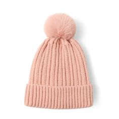 a pink hat with a pom - pom