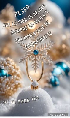 a christmas card with an ornament and snowflakes in the foreground