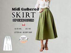 a woman is wearing a skirt and shoes with the text, mid - gathered skirt sewing pattern