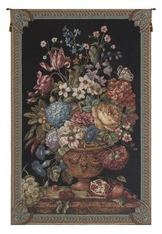 a tapestry with flowers in a vase on a table