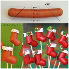 a hot dog on a stick with santa's stockings attached to it, and the instructions for how to make them