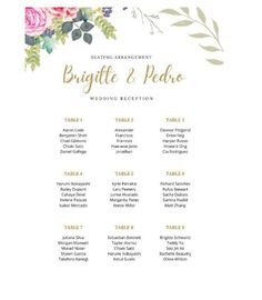 wedding seating chart with flowers and greenery on the front, in gold foil lettering