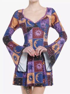 Cosmic Aura Celestial Patchwork Bell Sleeve Dress Cosmic Aura, Witchy Dress, Witchy Outfits, Outfit Formulas, Plus Size Fits, Kinds Of Clothes, Hippie Outfits, Bell Sleeve Dress, Patchwork Designs