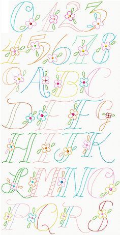 the letters and numbers are drawn with colored pencils on white paper, which is decorated with flowers