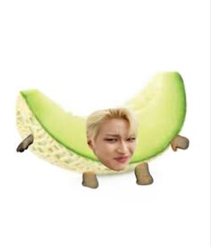 a woman is peeking out from behind a banana shaped like a person's head