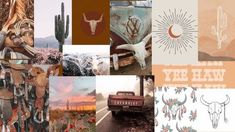 many different pictures with animals and cactuses in the background, including an old truck