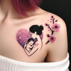 a woman with pink hair has a tattoo on her shoulder and breast in the shape of a heart