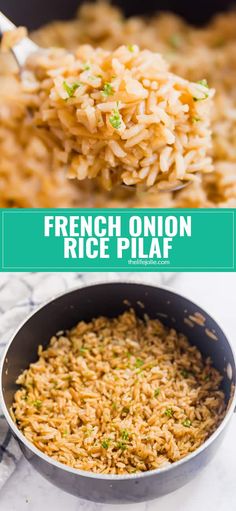 french onion rice pilaf in a skillet