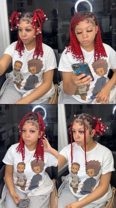 Red knotless braids with beads Styles For Short Knotless Braids, Braiding Hairstyles With Beads, Styles For Braids With Beads, How To Style Short Braids With Beads, Short Boho Braids With Beads, Short Knotless Hairstyles, How To Style Knotless Braids With Beads, How To Style Braids With Beads, Short Bob Hairstyles Braids