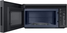 an open black microwave oven with the door wide open to show it's cooking area