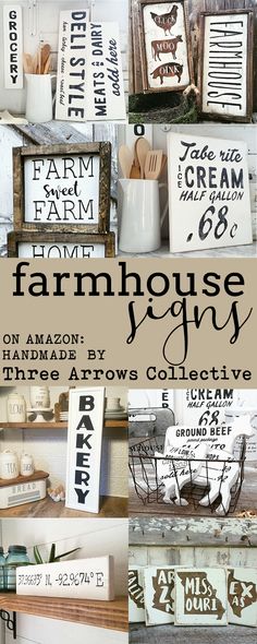 farm house signs are displayed on shelves in this collage