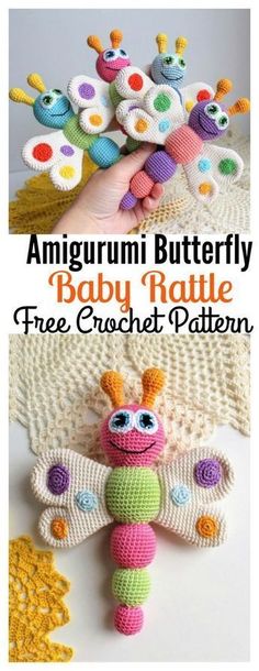 an amiguri butterfly baby rattle free crochet pattern is featured in this article