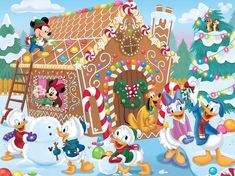 mickey mouse and friends are in front of a gingerbread house