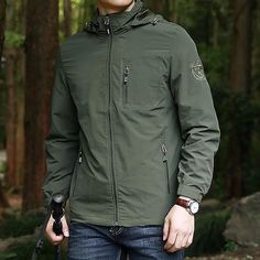 Season:Autumn / Fall,Spring; Fabric:Polyester; Gender:Men's; Activity:Camping / Hiking / Caving; Clothing Type:Top,Hoodie; Function:Water Resistant,Scratch Resistant,Multi Pockets,Wear Resistance,Breathable,Windproof,Quick Dry; Pattern:Solid Color; Sports Clothing Sub Category:Hiking Jacket,Hiking Windbreaker; Bust:null; Length:null Jacket Coat Fashion, Green Windbreaker, Mens Outdoor Jackets, Hiking Jacket, Mens Windbreaker, Casual Outerwear, Outdoor Jacket, Mens Fall, Mens Hooded