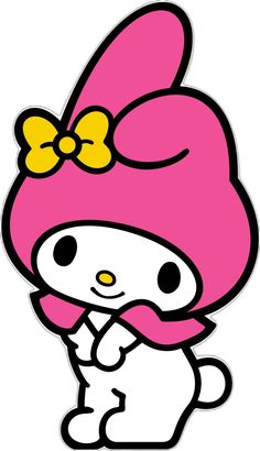 hello kitty sticker with a pink hat and bow on it's head, sitting down