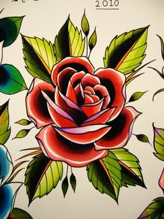 an image of a rose tattoo on the back of a cell phone screen, with green leaves and red flowers