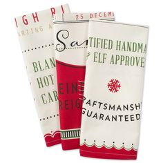 three christmas tea towels with the words saffed handma and elf approved on them