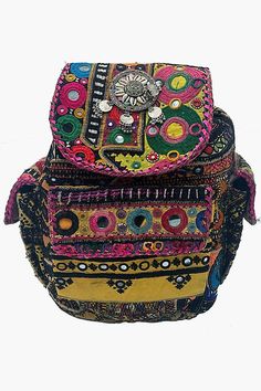 Mirror work Festival Shoulder Bag With Multicolor Embroidery And Mirror Work, Traditional Navratri Bags With Mirror Work, Bohemian Shoulder Bag With Mirror Work For Festivals, Bohemian Embroidered Fabric With Mirror Work, Multicolor Bohemian Bag With Mirror Work, Intricate Mirror, Handmade Backpack, Embroidered Backpack, Work Backpack