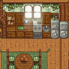 an image of a kitchen and dining room in pixel art style with wood flooring