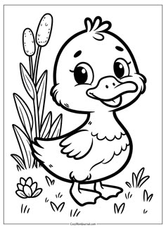 a cartoon duck standing in the grass with flowers on it's head and eyes