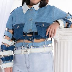 The Plus Azalea Wang Caged Paneled Denim Jacket Is A Cut Above The Rest. This Cropped Layering Piece Features A Stretch Denim Fabrication In Panels Of Different Washes, A Point Collar, Button Down Front, Flap Front Pockets, And Long Sleeves With Cutout Panels Throughout. Style It With A Bralette Top And Jeggings For A Complete Look Edgy Blue Outerwear For Spring, Edgy Blue Spring Outerwear, Azalea Wang, Bralette Top, Bralette Tops, Blue Jean, Upcycle Clothes, Fashion Sewing, Layering Pieces